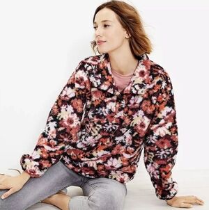 LOFT Floral Sherpa Snap Collar Sweater Top - Size M